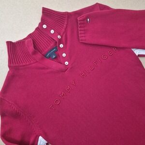 Tommy Hilfiger Sweater Womens Medium Red Button Mock Neck Ribbed Sporty Y2K‎